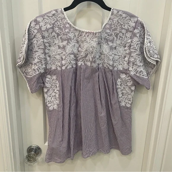 Buddy Love Purple and White Striped Embroidered Mexican style Blouse - Picture 3 of 4